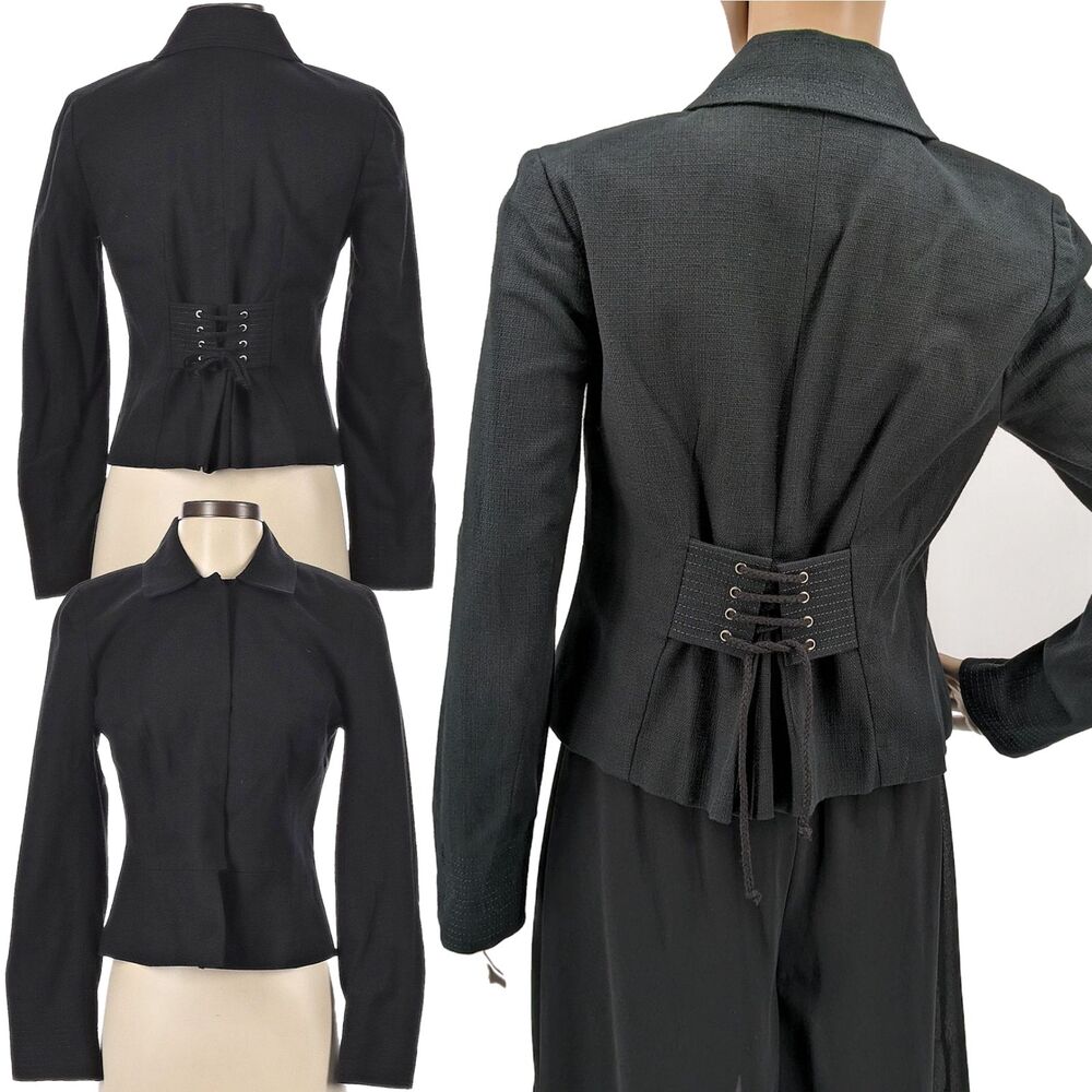 Club Monaco Jacket Black Knit Blazer Evening Peplum Corset Lacing Size 2